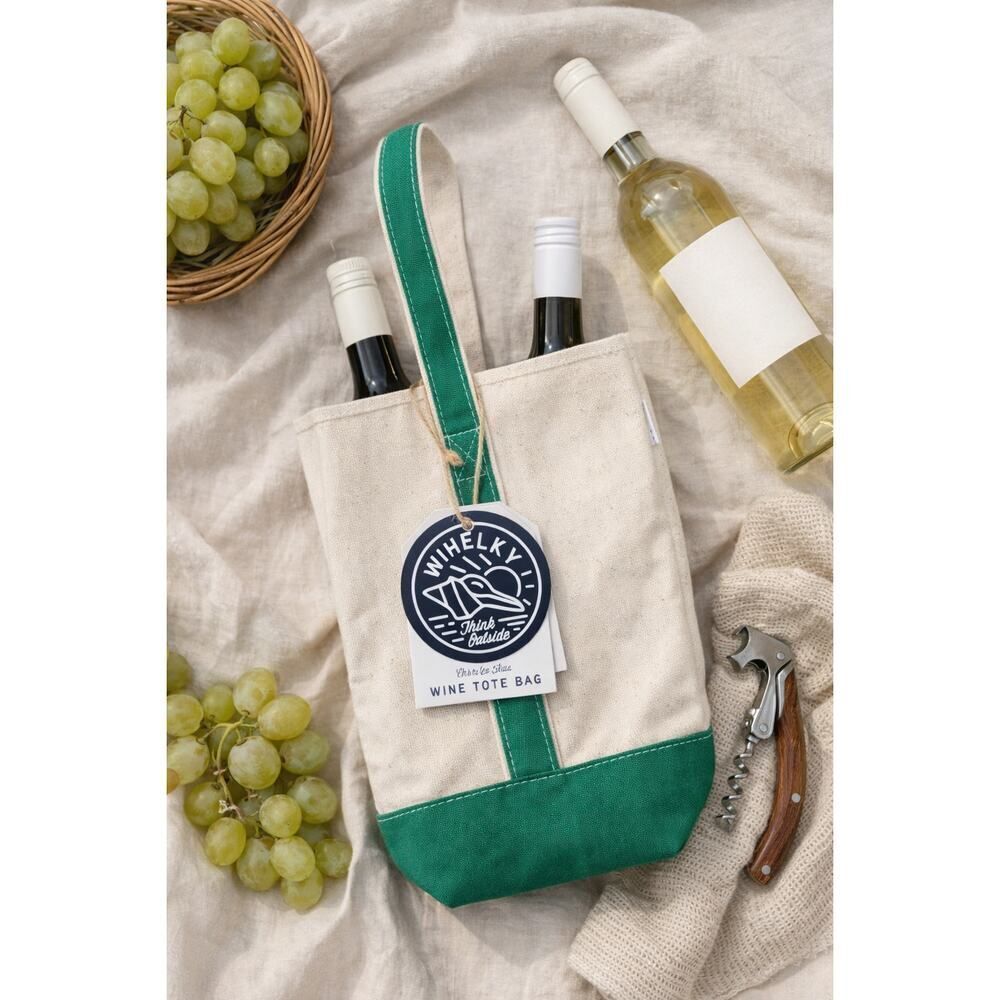Whelky Canvas Wine Tote Bag Green Natural Holds 2 Bottles NWT Picnic